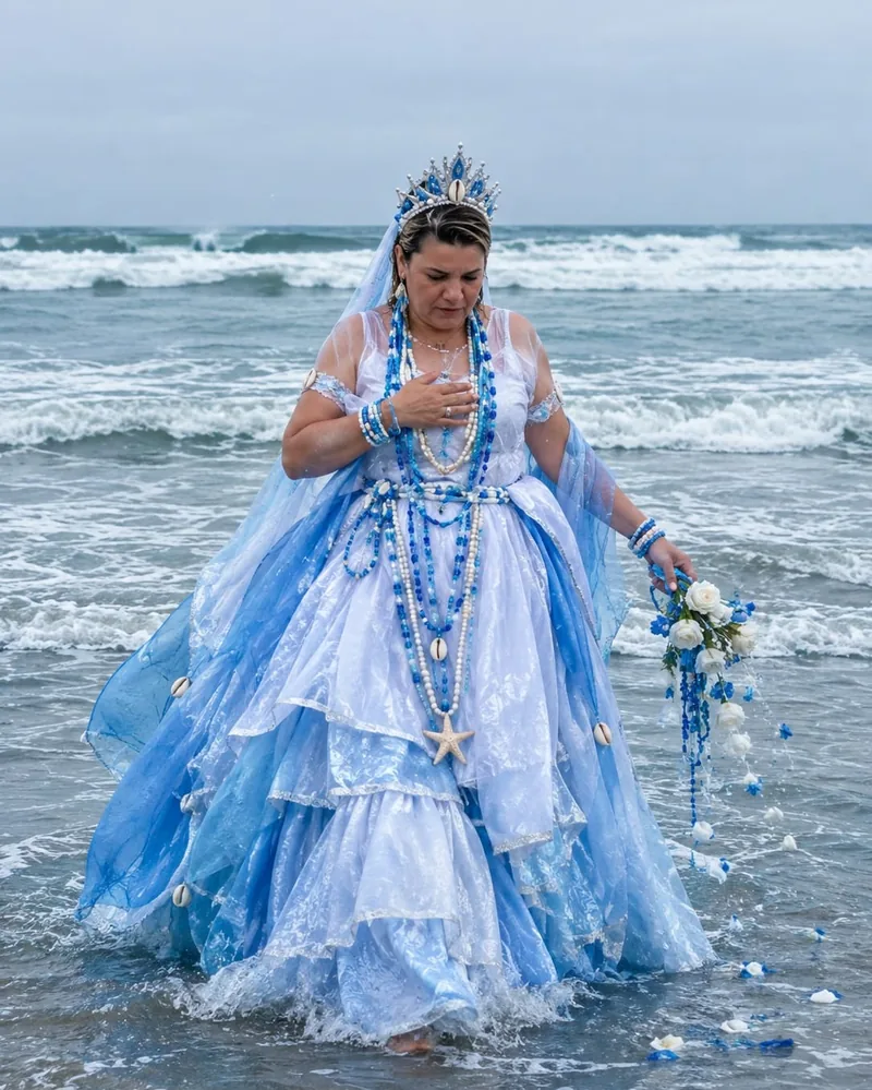 Cigana Laura em vestimenta azul e branca, em oferenda na beira do mar