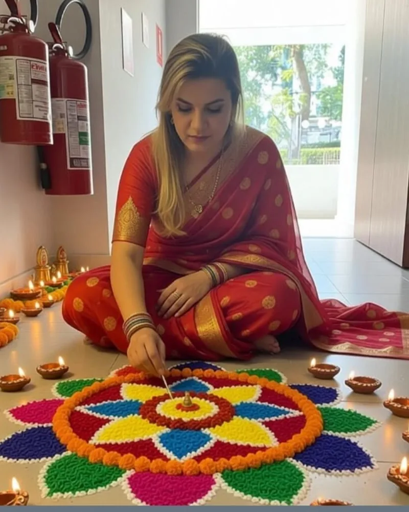 Cigana Laura em trajes vermelhos e dourados, acendendo um ritual de mandala colorida do Povo do Oriente